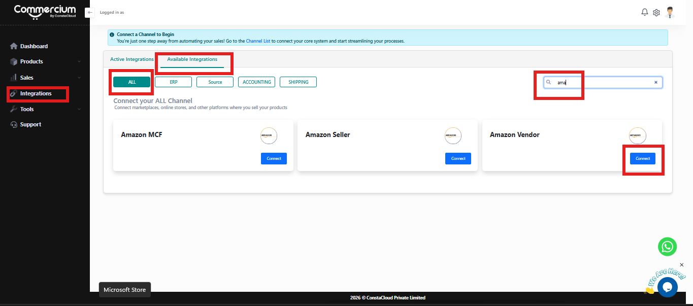 Amazon Vendor card on Available Integrations