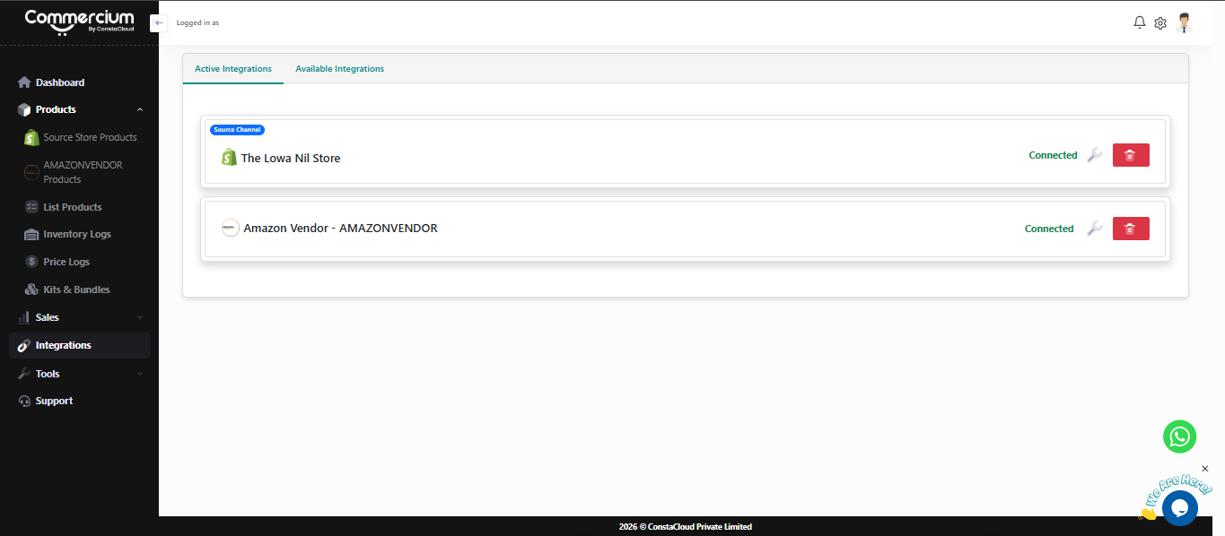 Amazon Vendor shown under Active Integrations