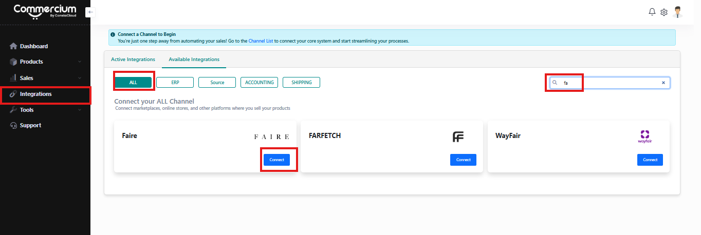Faire card on Available Integrations