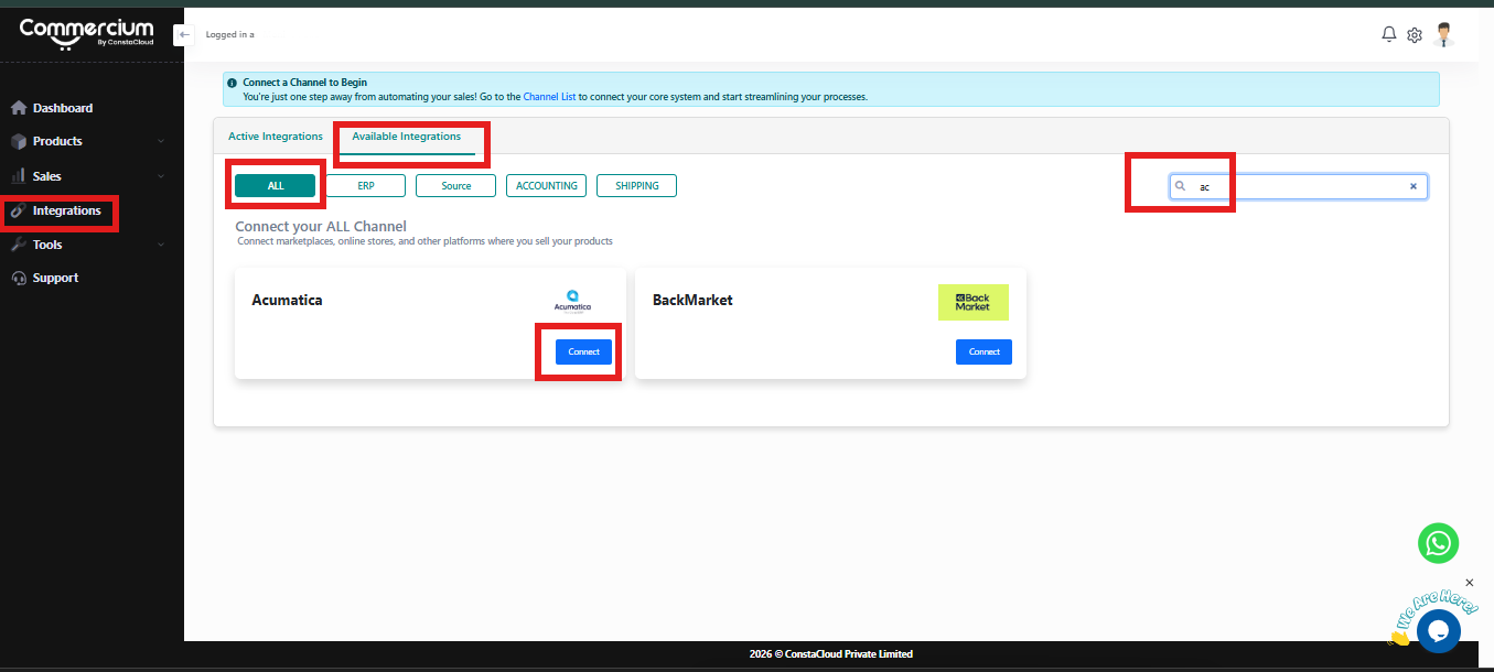 Search Acumatica in Available Integrations