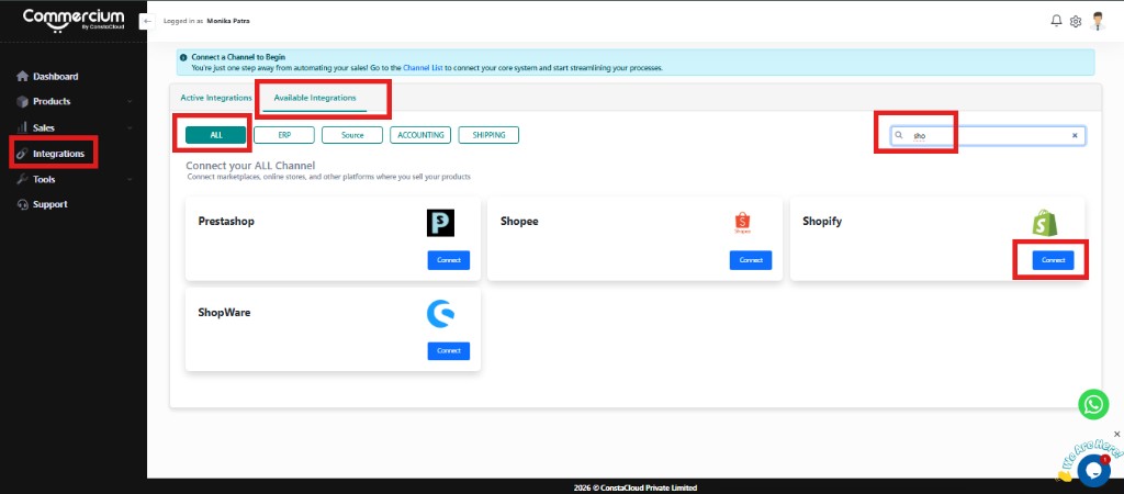 Search Shopify and click Connect