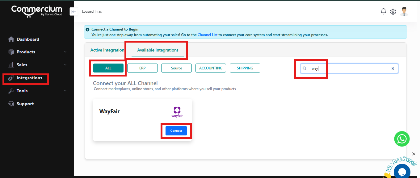 Search for Wayfair in Available Integrations
